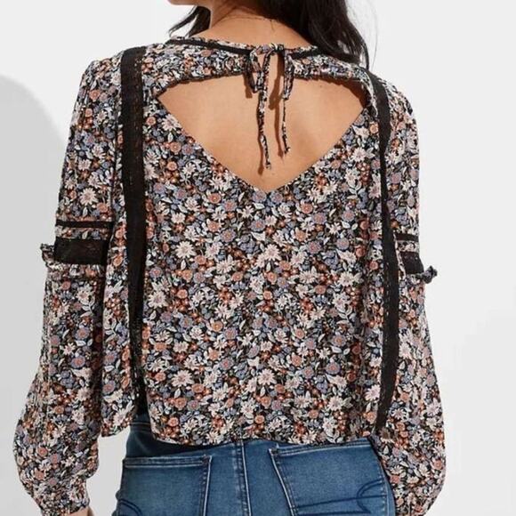 American Eagle Open Back Floral Blouse Long Sleeve Top Size S - Picture 2 of 12